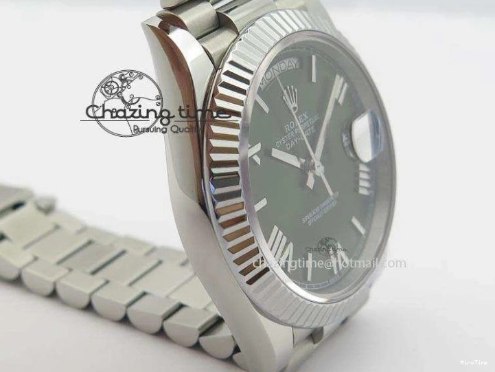 MiroTime 0508 Stretchable DayDate 40mm BP-Maker 228206 SS Green Roman Dial (Fluted Bezel) On SS Bracelet ETA 3904